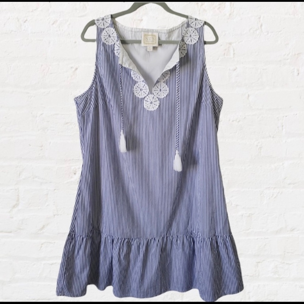Sail To Sable Blue White Striped Dress Crochet Detailing Tassels Size XL